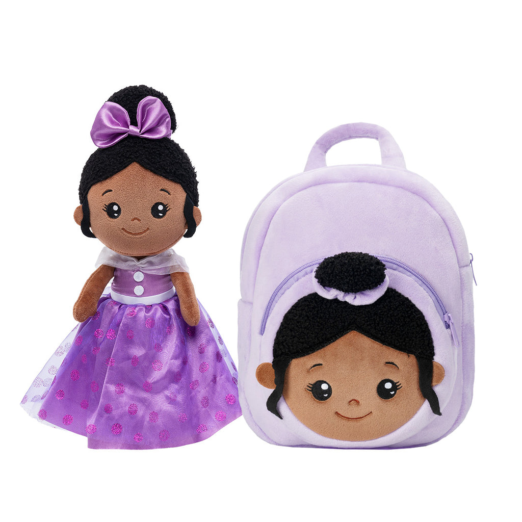 Personalized Deep Skin Tone Plush Purple Princess Doll + Backpack