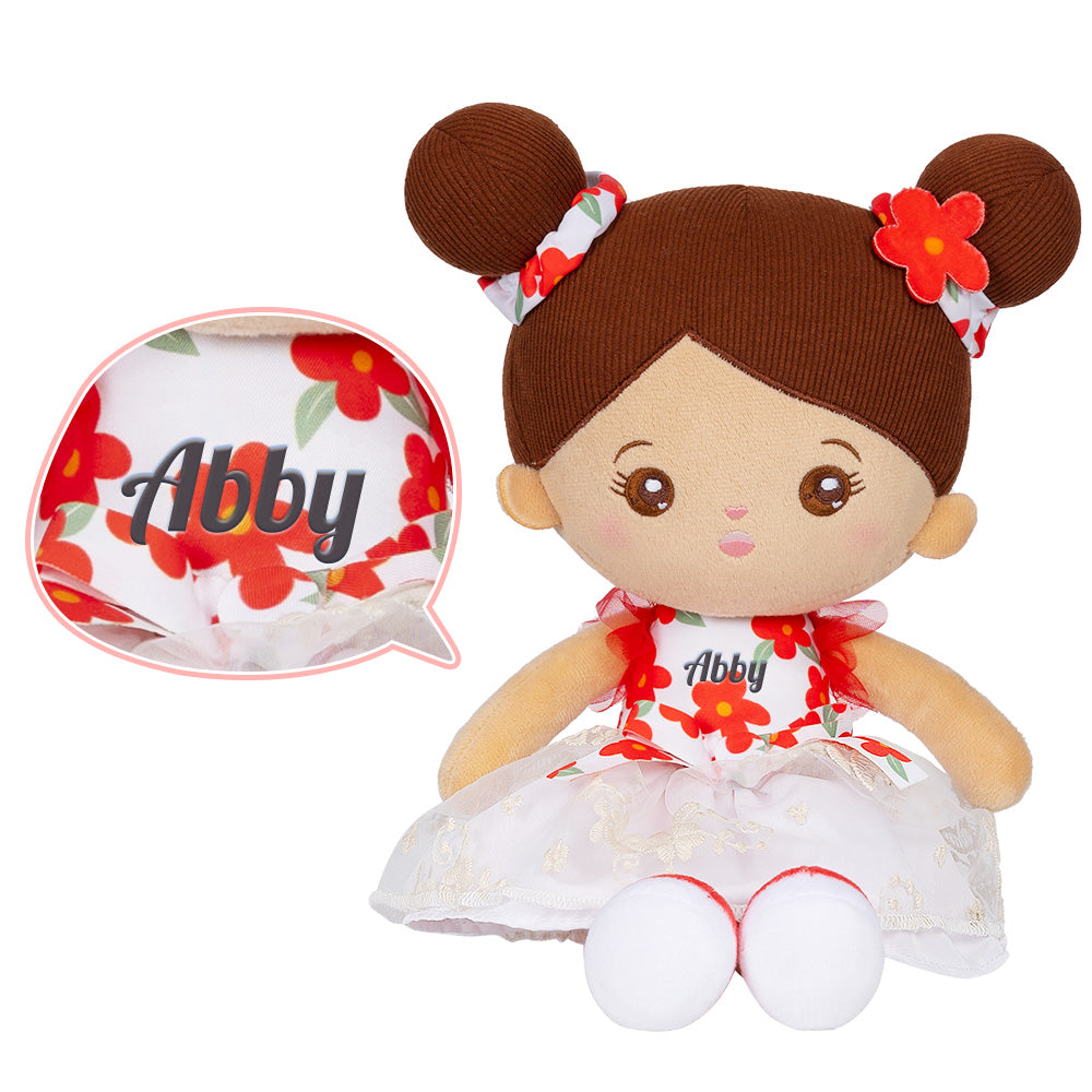 Personalized Brown Skin Tone White Floral Dress Doll + Backpack