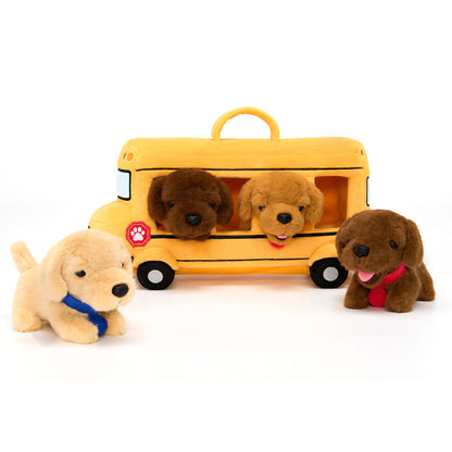 Personalised Plush Golden Retriever Puppy School Bus Playset (5-Piece Set)