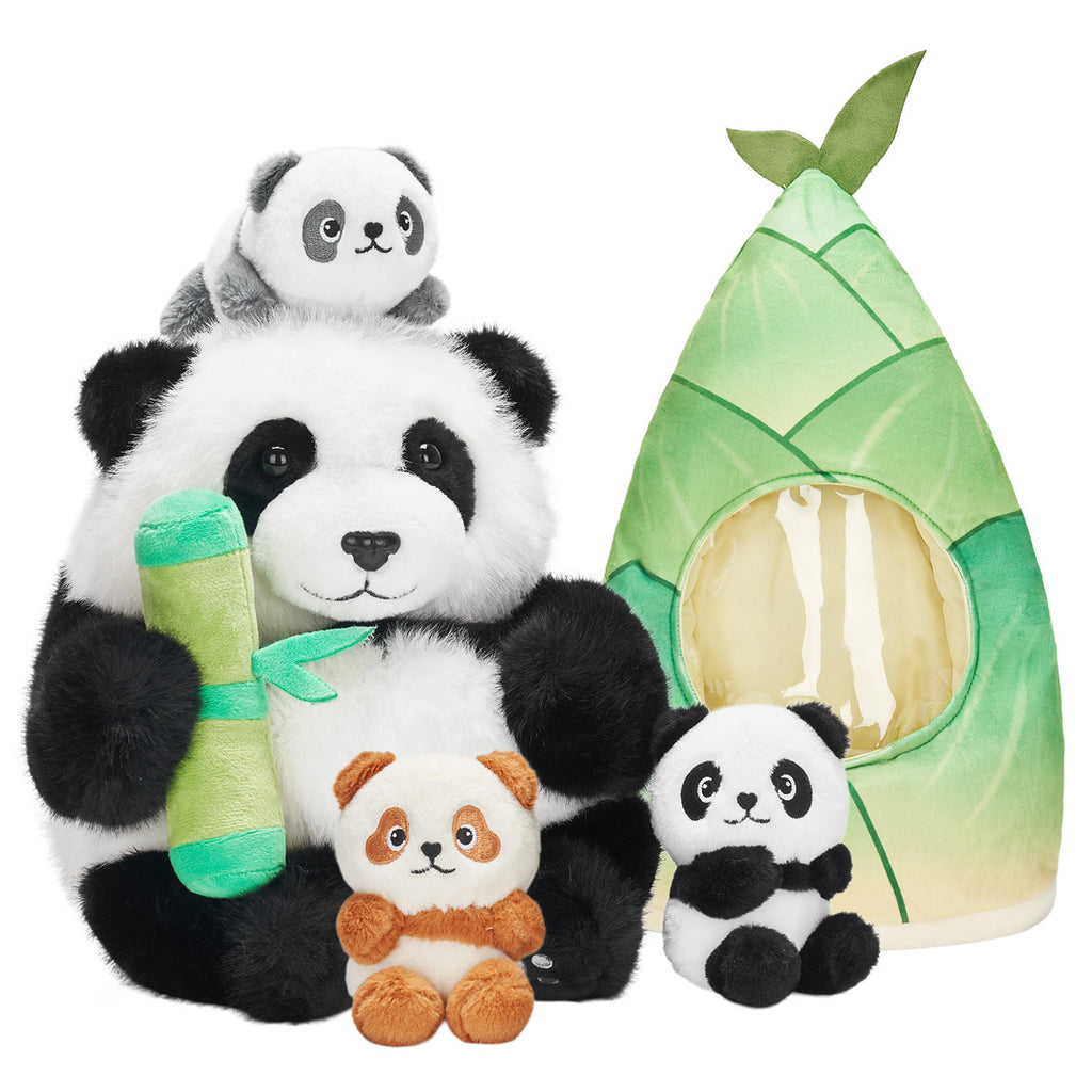 Panda Family with 3 Babies Plush Playset Animals Stuffed Gift Set for Toddler