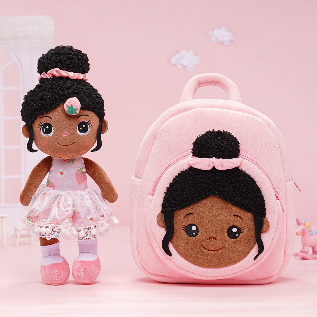 Personalized Deep Skin Tone Plush Pink Strawberry Doll + Backpack