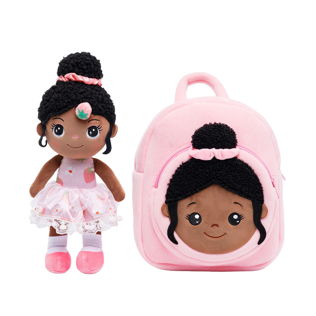 Personalized Deep Skin Tone Plush Pink Strawberry Doll + Backpack
