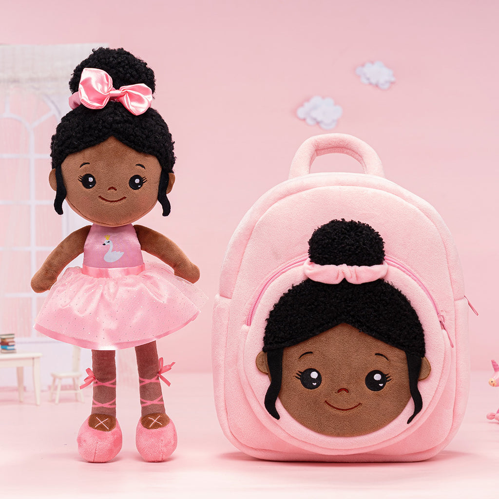 Personalized Deep Skin Tone Plush Nevaeh Pink Doll + Backpack