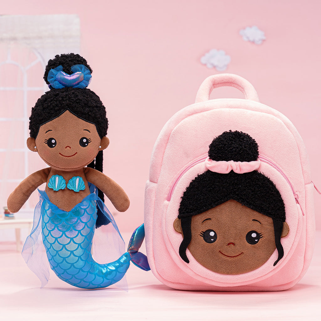 Personalized Deep Skin Tone Mermaid Plush Doll + Backpack