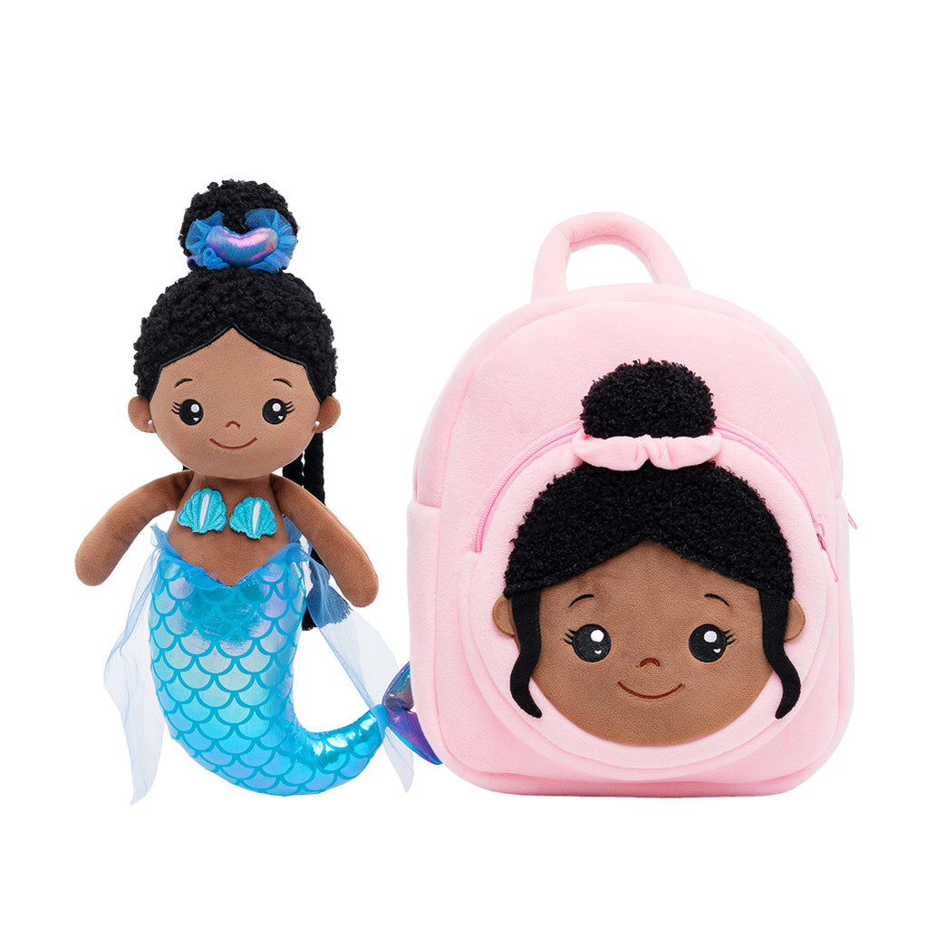 Personalized Deep Skin Tone Mermaid Plush Doll + Backpack