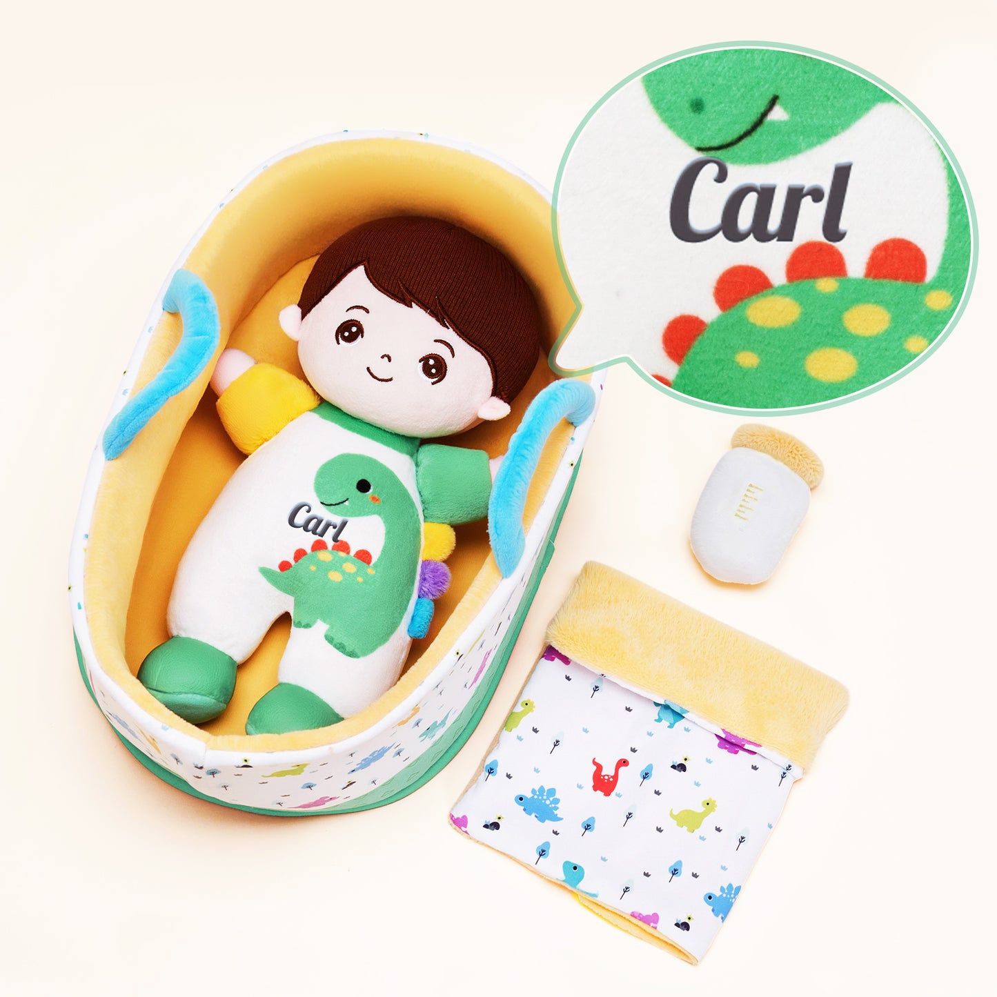 Mini Personalized Dinosaur White Skin Boy Plush Doll & Gift Set