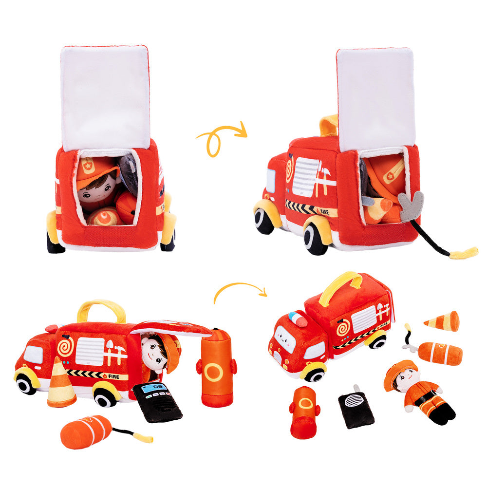 Personalized Baby's First Fire Truck Plush Playset Sensory Toy Gift Set