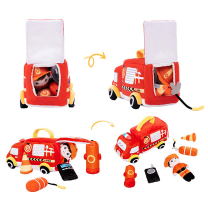 Personalized Baby's First Fire Truck Plush Playset Sensory Toy Gift Set
