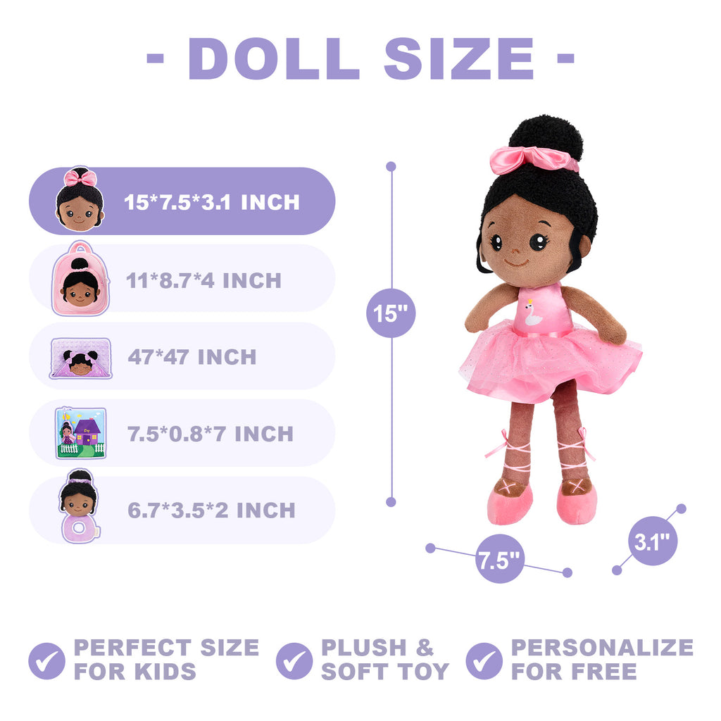 Personalized Deep Skin Tone Plush Nevaeh Pink Doll + Backpack
