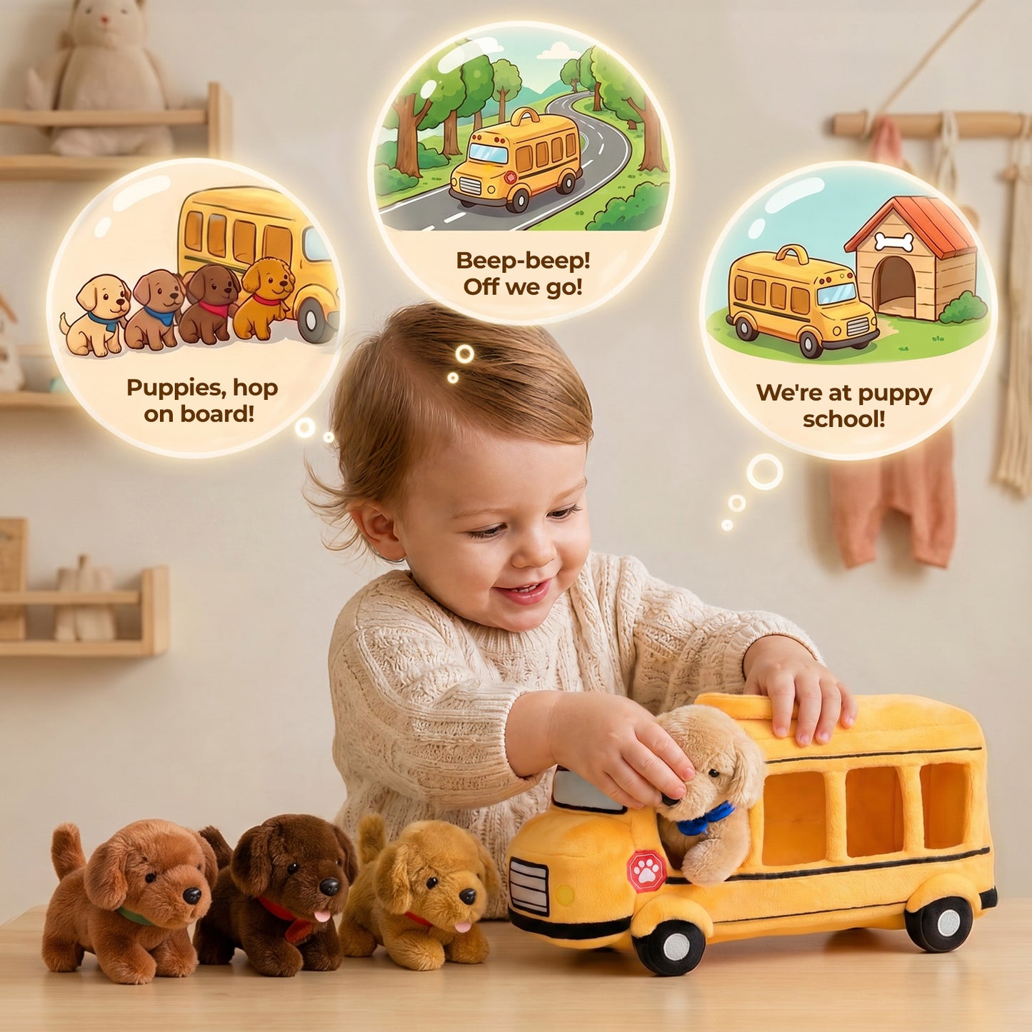Personalised Plush Golden Retriever Puppy School Bus Playset (5-Piece Set)