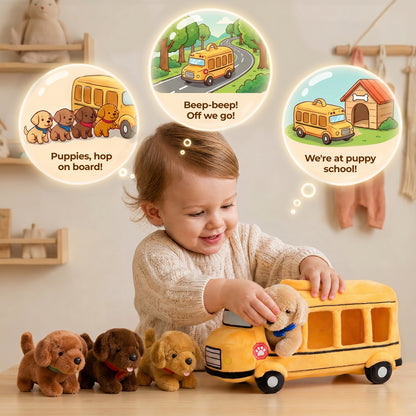 Personalised Plush Golden Retriever Puppy School Bus Playset (5-Piece Set)