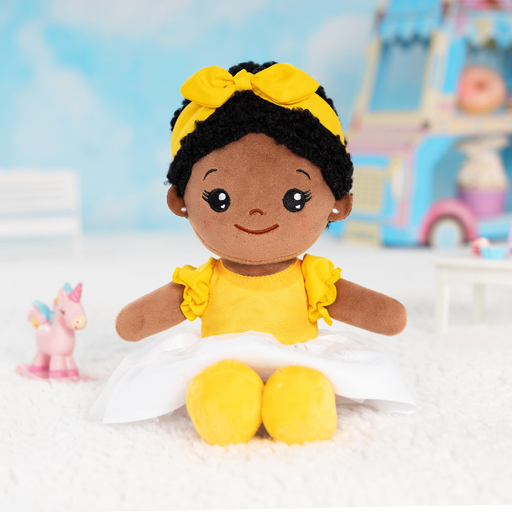 Personalized Yellow Deep Skin Tone Plush Baby Girl Doll