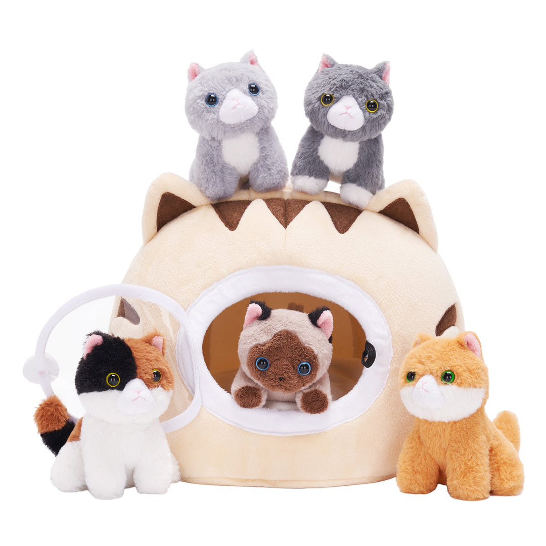 Personalized Plush Cat Nest Toy Set with 5 Stuffed Kittens