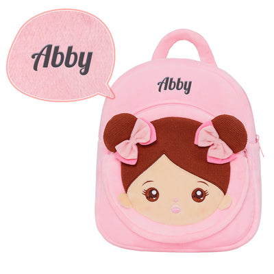 Personalized Plush Backpack Pink with Brown Skin Open Eyes