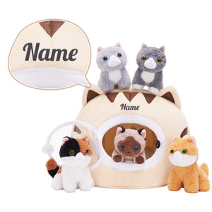 Personalized Plush Cat Nest Toy Set with 5 Stuffed Kittens
