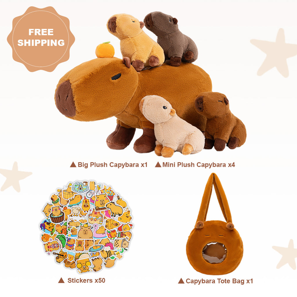 Capybara Family with 4 Babies Plush Playset Animals Stuffed Gift Set