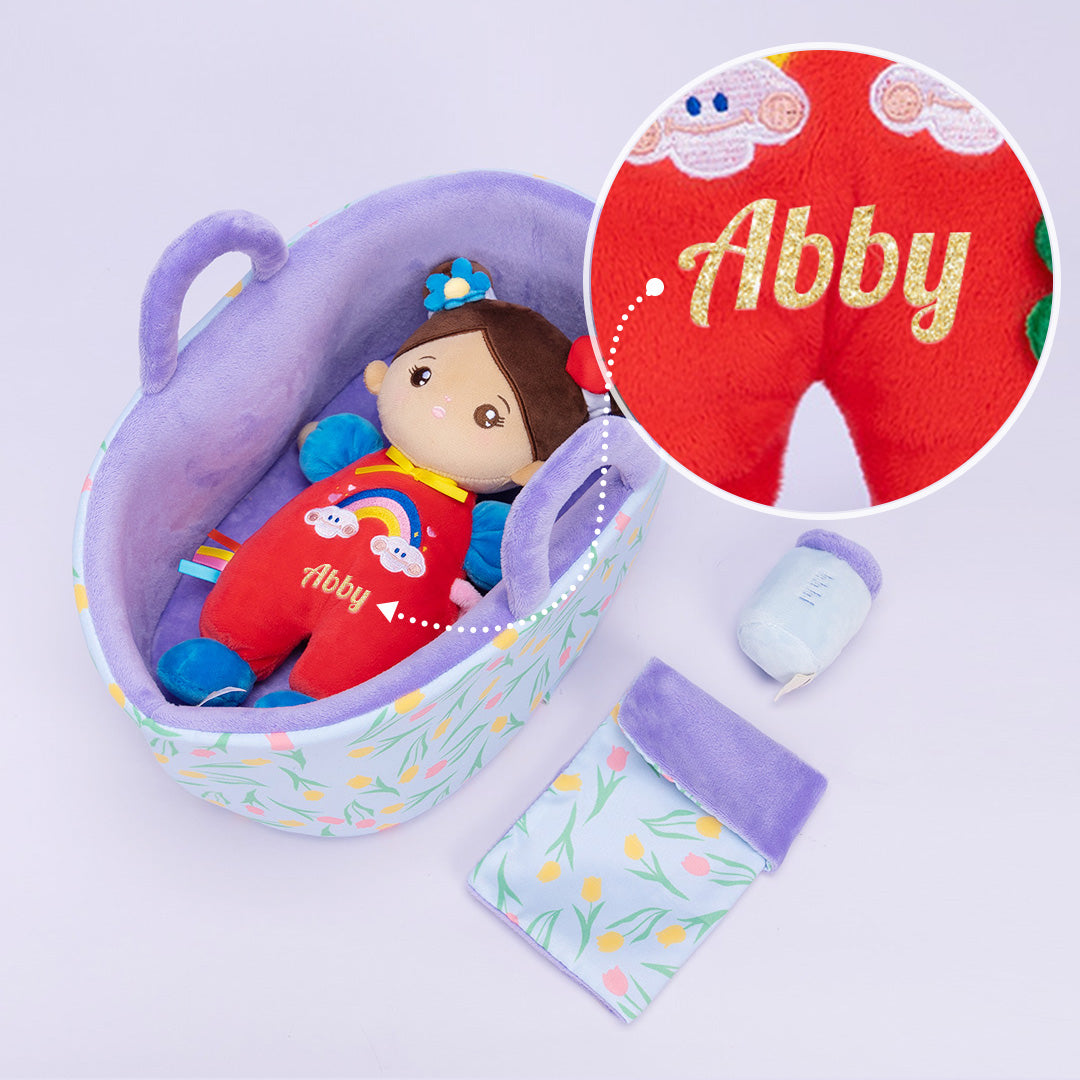 Personalized Brown Skin Tone Mini Plush Baby Girl Doll & Gift Set