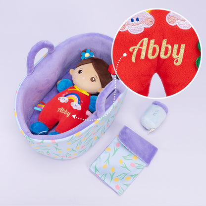 Personalized Brown Skin Tone Mini Plush Baby Girl Doll & Gift Set