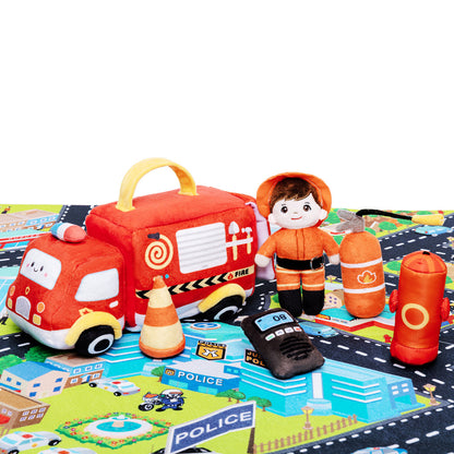Personalized Baby's First Fire Truck Plush Playset Sensory Toy Gift Set