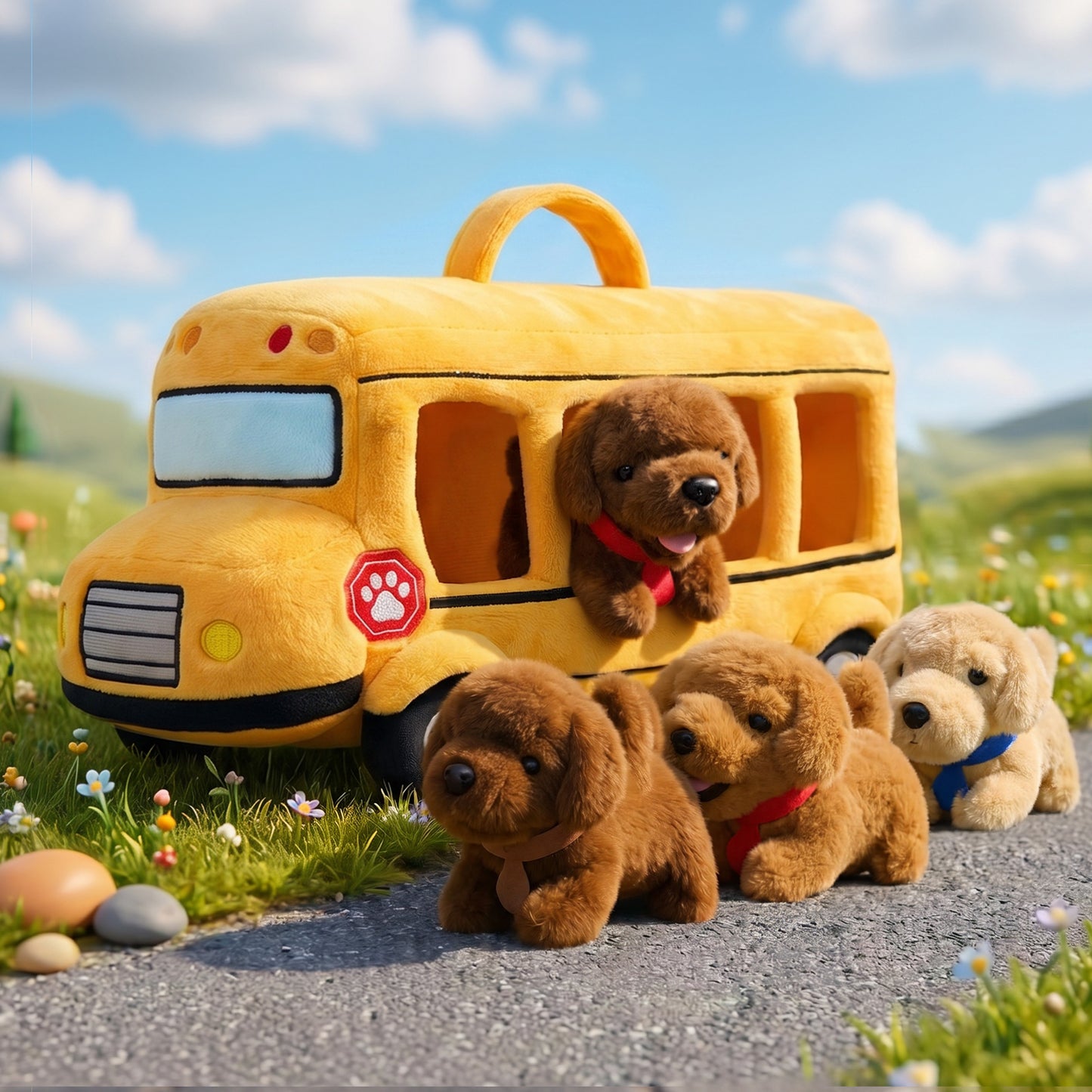 Personalised Plush Golden Retriever Puppy School Bus Playset (5-Piece Set)