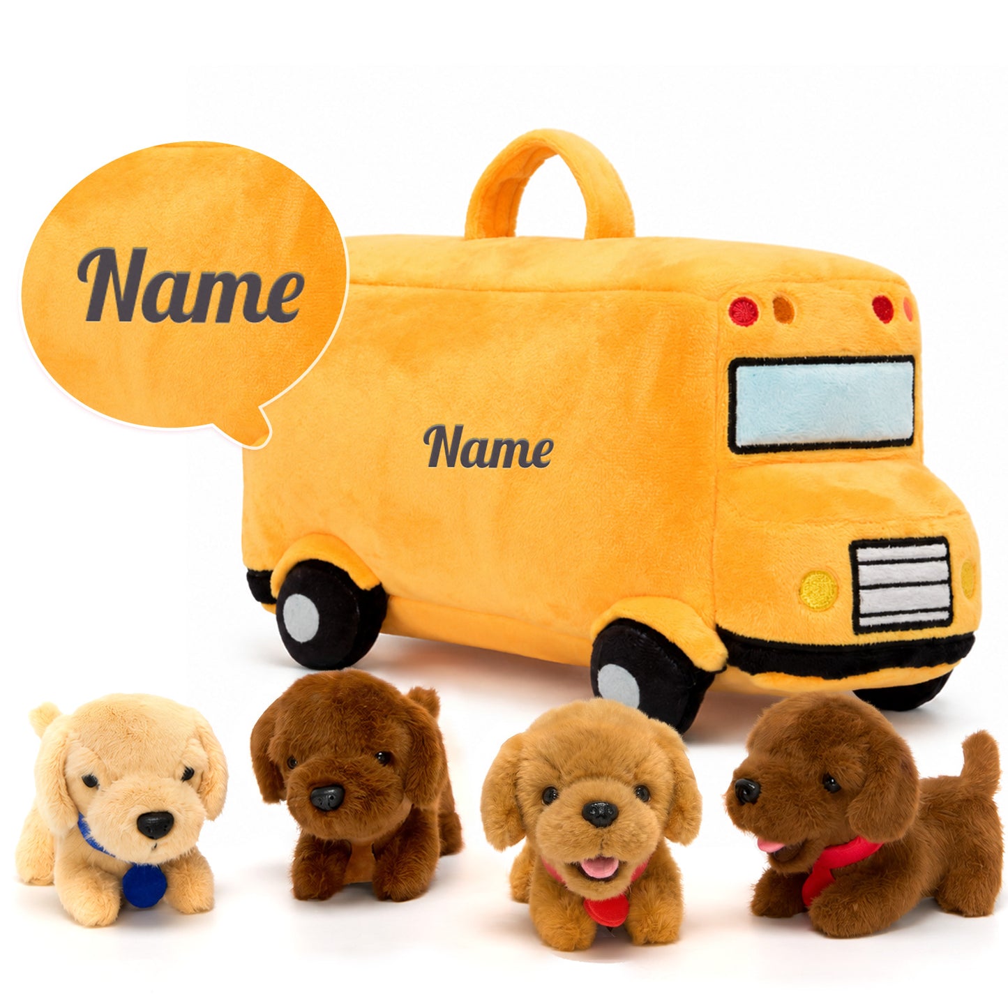 Personalised Plush Golden Retriever Puppy School Bus Playset (5-Piece Set)