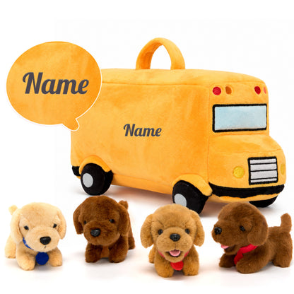 Personalised Plush Golden Retriever Puppy School Bus Playset (5-Piece Set)