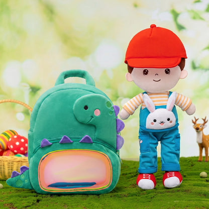 Personalized Rabbit Overalls Plush Baby Boy Doll + Backpack