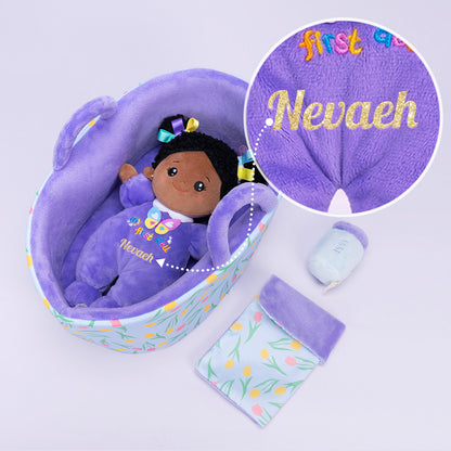 Personalized Purple Deep Skin Tone Mini Plush Baby Doll & Gift Set