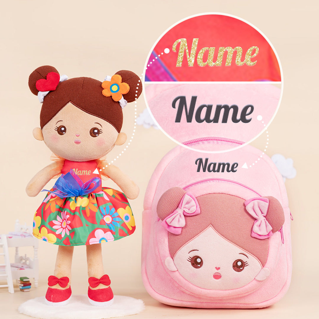 Personalized Brown Skin Tone Red Floral Dress Plush Baby Girl Doll