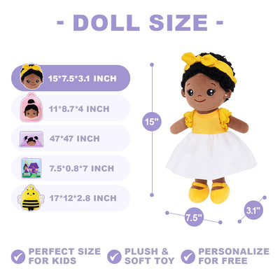 Personalized Yellow Deep Skin Tone Plush Baby Girl Doll