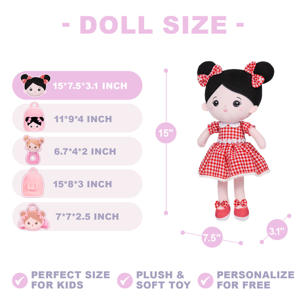 Personalized Red Outfit & Black Hair Girl Doll + Backpack