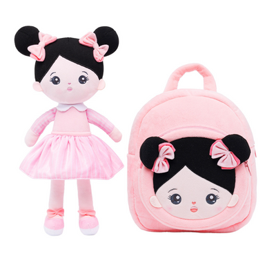 Personalized Pink Outfit & Black Hair Girl Doll + Backpack