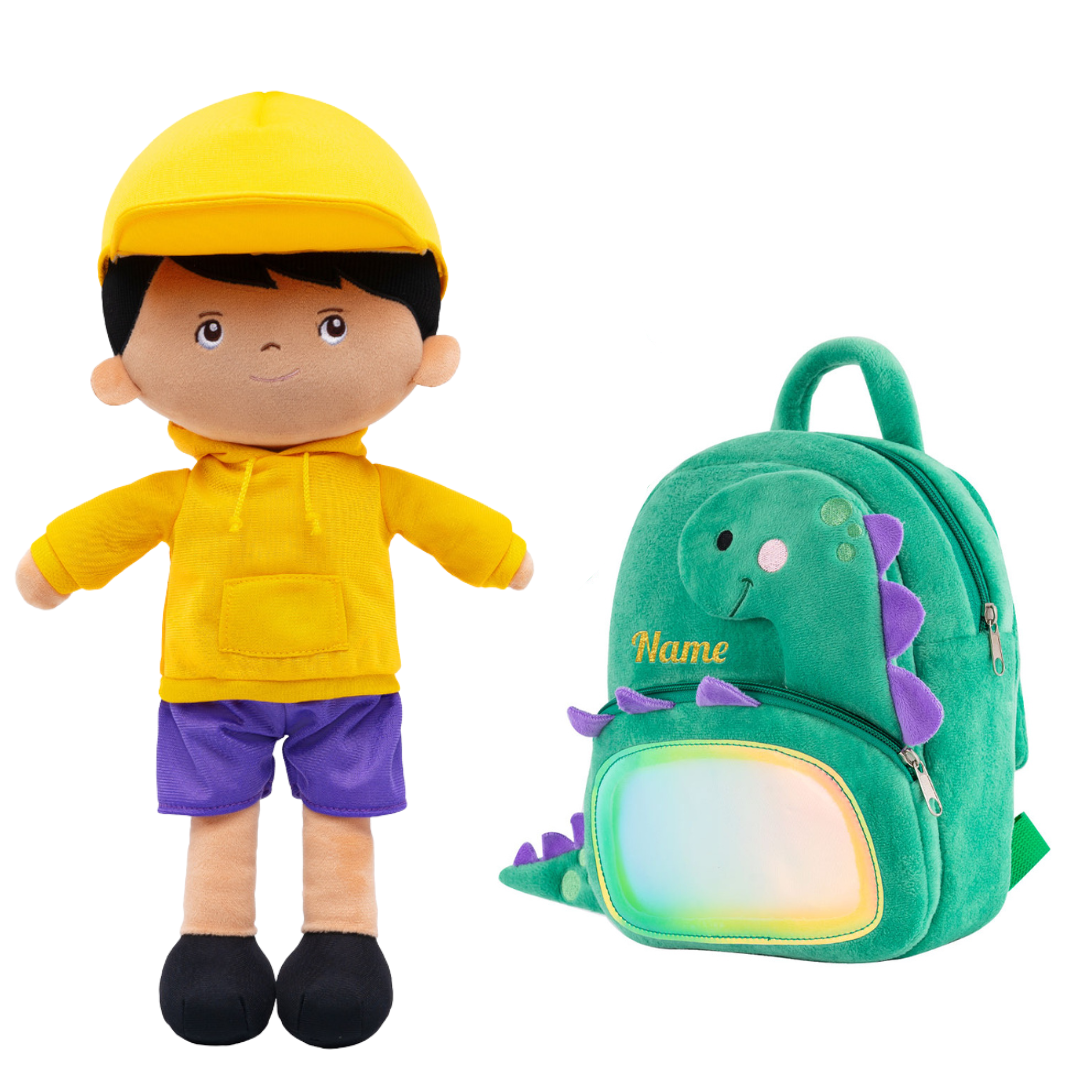 Personalized Deep Skin Tone Plush Doll & Backpack Giftset