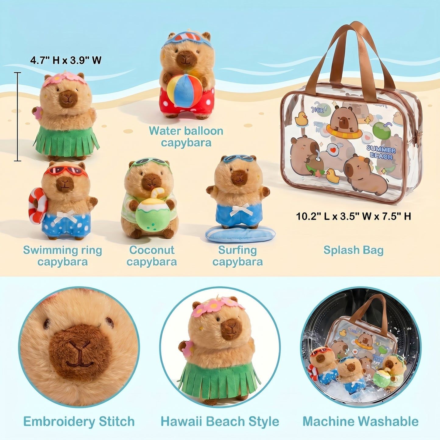 Capybara Summer Beach Adventure 6-Piece Plush Playset with Splash Bag (Ages 2-6)