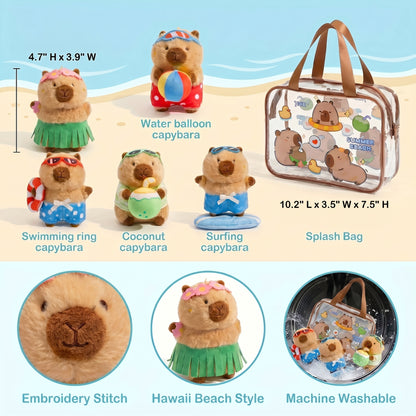 Capybara Summer Beach Adventure 6-Piece Plush Playset with Splash Bag (Ages 2-6)