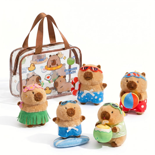Capybara Summer Beach Adventure 6-Piece Plush Playset with Splash Bag (Ages 2-6)