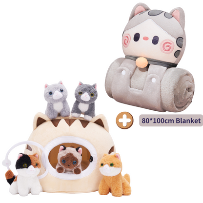 Personalized Plush Cat Nest Toy Set with 5 Stuffed Kittens