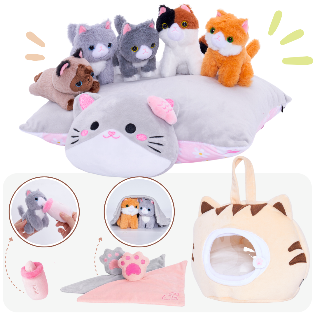 Personalized Plush Cat Nest Toy Set with 5 Stuffed Kittens