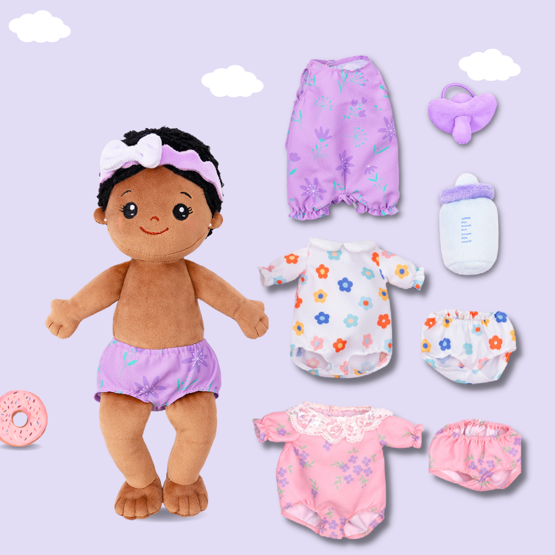 Personalized Deep Skin Tone Plush Doll & Backpack Giftset