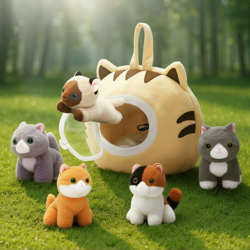 Personalized Plush Cat House Toy Set with 5 Stuffed Kittens