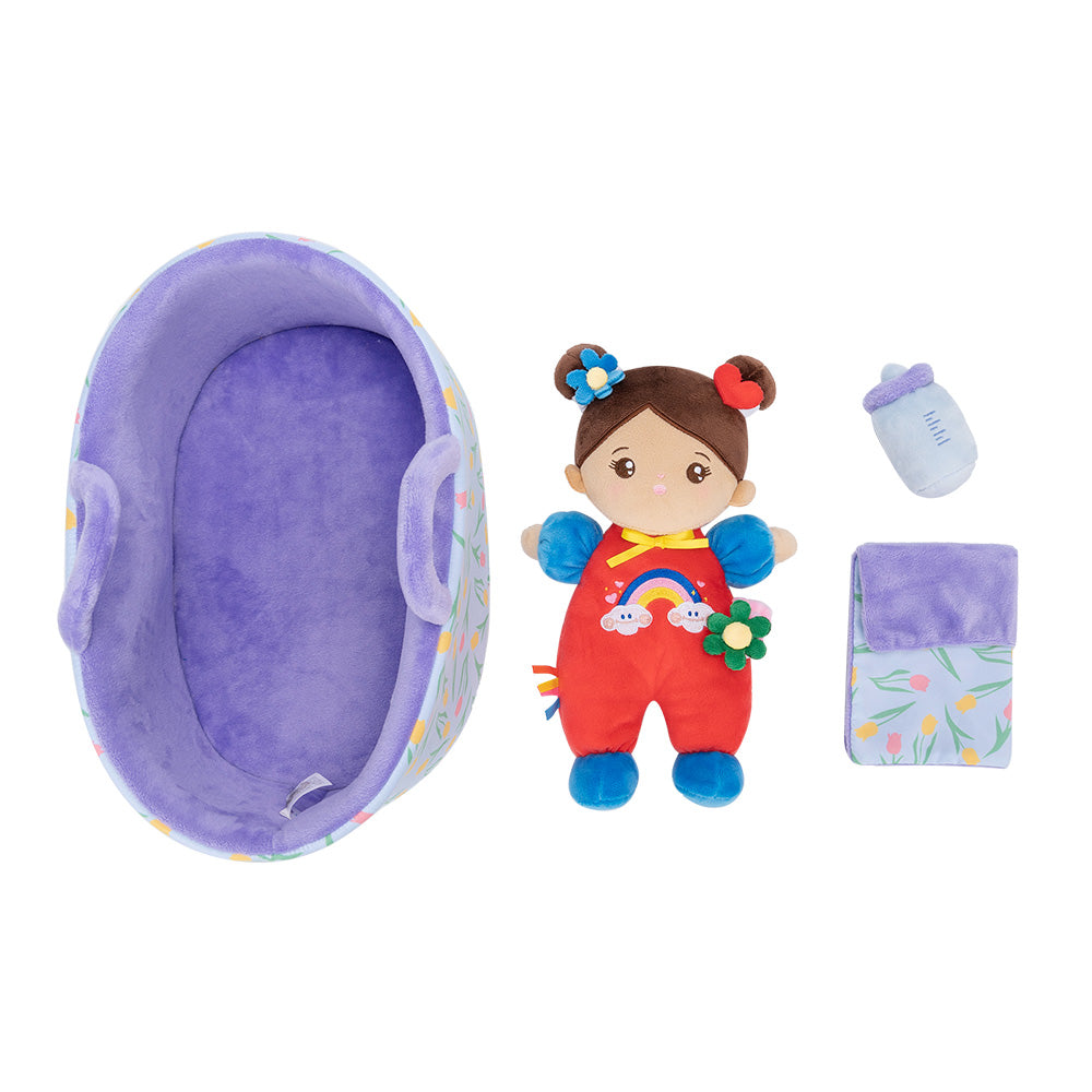 Personalized Brown Skin Tone Mini Plush Baby Girl Doll & Gift Set
