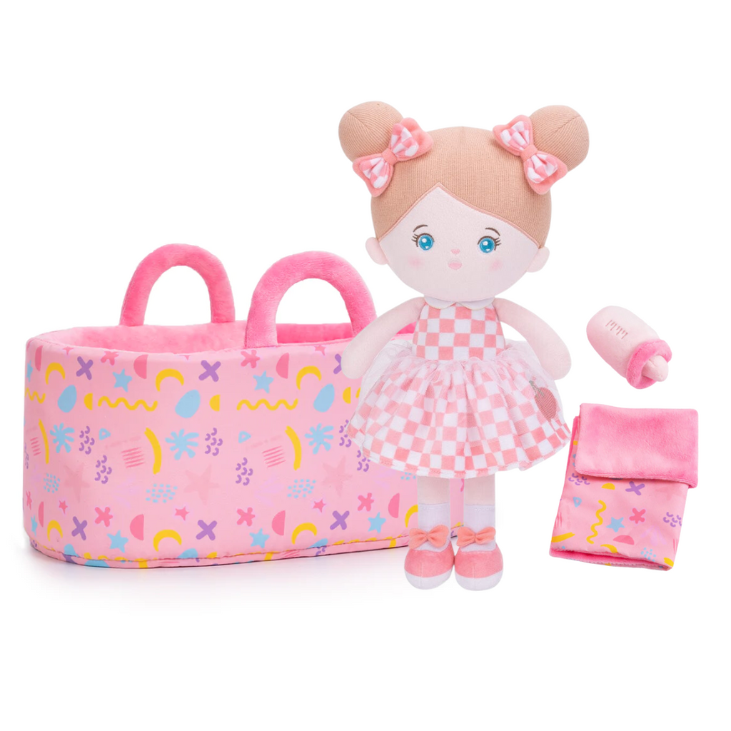 Personalized Pink Plaid Skirt Girl Doll + Cloth Basket Gift Set