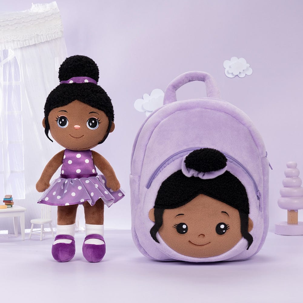 lovinglydoll Personalized Deep Skin Tone Plush Doll Purple Nevaeh Doll+Backpack