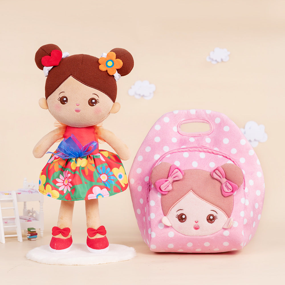 Personalized Brown Skin Tone Red Floral Dress Plush Baby Girl Doll