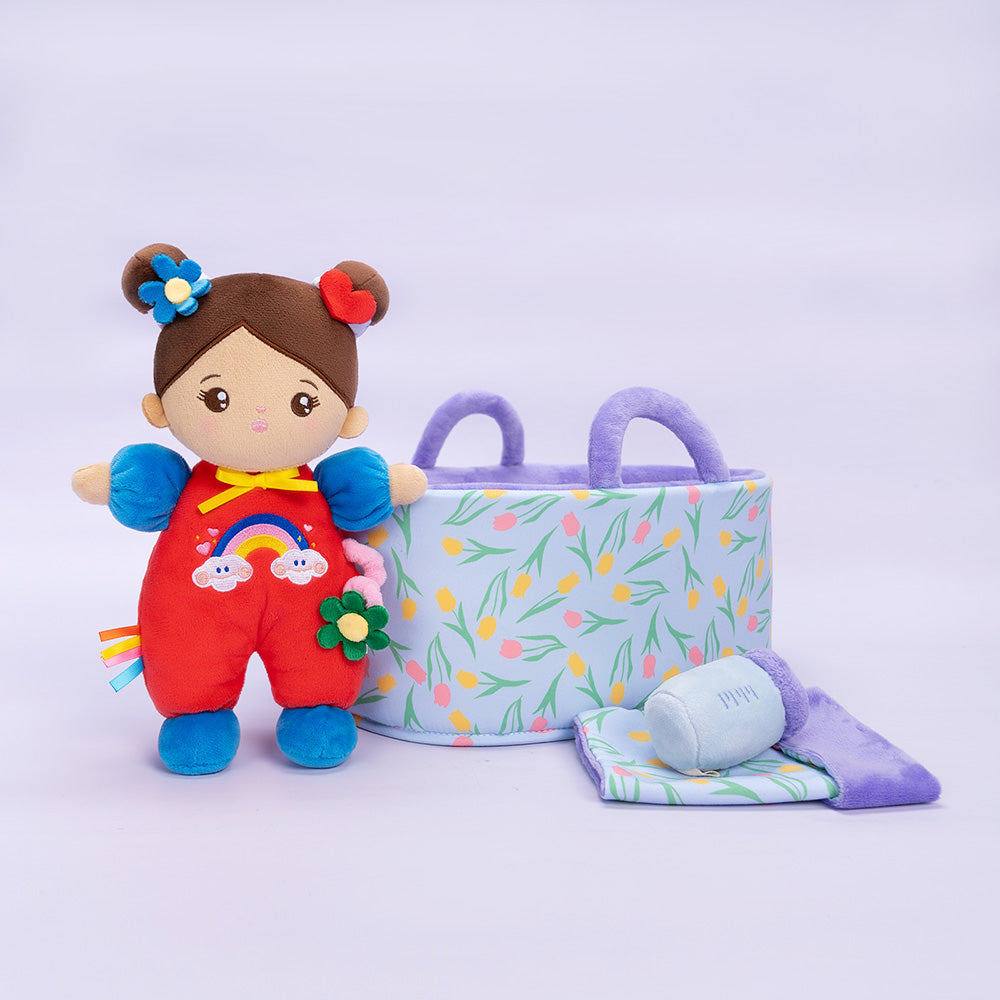 Personalized Brown Skin Tone Mini Plush Baby Girl Doll & Gift Set