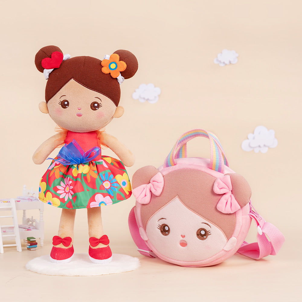 Personalized Brown Skin Tone Red Floral Dress Plush Baby Girl Doll