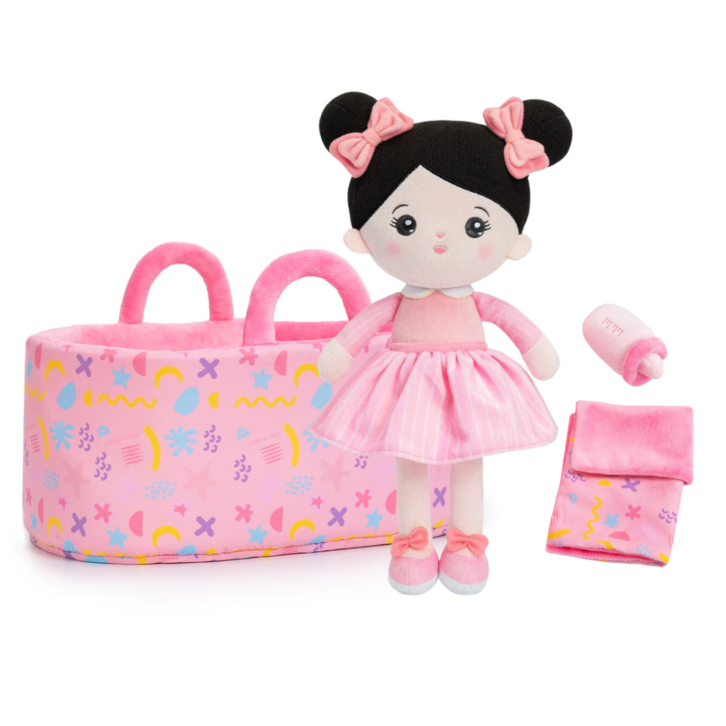Personalized Black Hair Girl Doll + Cloth Basket Gift Set