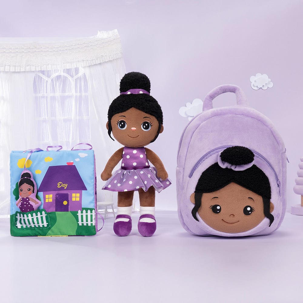 lovinglydoll Personalized Deep Skin Tone Plush Doll Purple Nevaeh Doll+Backpack+Book