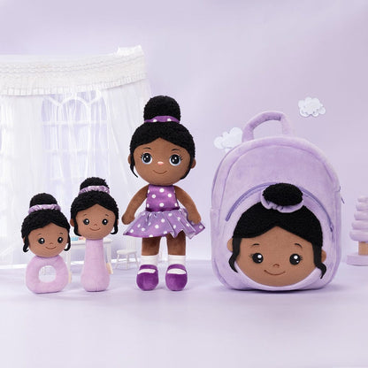 lovinglydoll Personalized Deep Skin Tone Plush Doll Purple Nevaeh Doll+Backpack+Rattles