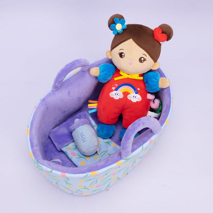 Personalized Brown Skin Tone Mini Plush Baby Girl Doll & Gift Set